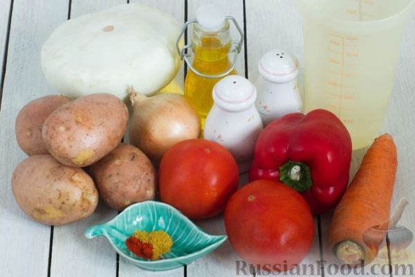 Овощное рагу с картофелем, патиссонами и сладким перцем